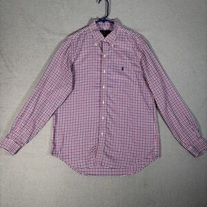 Ralph Lauren Mens Large Gingham Button‎ Down Shirt Red Navy Blue Non-Iron Cotton